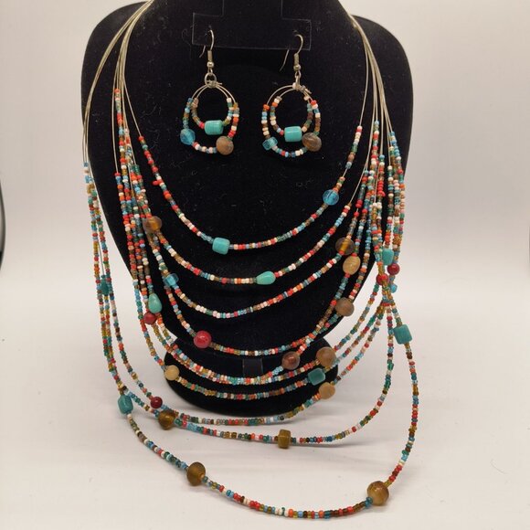 Vintage Jewelry - Vintage Multicolor 10 Wire Strand Beaded Necklace with 2 Strand Beaded Earrings